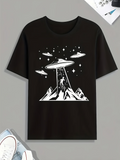 Men's T-Shirt Majestic Mountain Peaks Under Starry Sky With Alien Spaceships Abducting Human