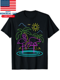 Men's T-Shirt Glowing Palm Trees Neon Rippling Water With Elegant Standing Flamingos