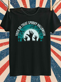 Men's T-Shirt Trick Or Treat Spooky Halloween Creepy Graveyard With Twisted Trees Zombie Hands Rising