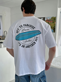 Men's T-Shirt Off To Paradise With Blue Surfboard Under Summer Sun