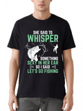 Men's T-Shirt She Said To Whisper Green Letters With A Fishing Rod Among Cartoon Fish Black T Shirt