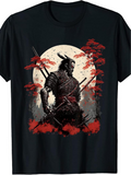 Men's T-Shirt Shadowed Warrior With Crimson Foliage Beneath A Glowing Full Moon Samurai