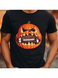 Men's T-Shirt Toothy Halloween Pumpkin With Bold Stitched Mouth And Glowing Orange Face Pumpkin