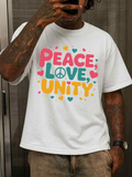Men's T-Shirt Peace Love Unity Playful Multicolor Letters With Scattered Hearts And Peace Symbol Typography