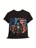 Men's T-Shirt Brave Heroic Figure With Flaming Colors And Patriotic Stripes Firefighter