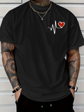 Men's T-Shirt White Heartbeat Line Graphic With Red Accented Heart Symbol