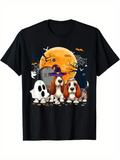 Men's T-Shirt Halloween Moon With Costume Dogs Bats And Spooky Pumpkins