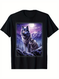 Men's T-Shirt Misty Purple Night Forest With Two Wolves Surrounded By Mountains And Moonlight Wolf