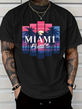 Men's T-Shirt Miami Florida Sunset Silhouetted Palm Trees And Colorful Striped Skyline