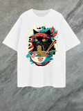 Men's T-Shirt Colorful Headband Cat Eating Noodles Among Swirling Steam Bowl