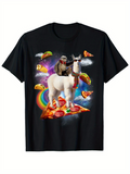 Men's T-Shirt Colorful Pizza Slices With Rainbow Clouds And Sunglasses Llama