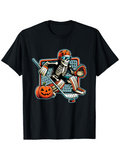 Men's T-Shirt Halloween Pumpkin With Skeleton Playing Hockey Goalie In Costume