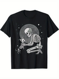 Men's T-Shirt Full Moon Night With Kneeling Skeleton And Curious Cat