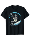 Men's T-Shirt Starry Night With Skeleton Playing Guitar Under Glowing Blue Crescent Moon