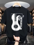 Men's T-Shirt Minimalist Black And White Art Style Guitar Among Floating Musical Notes Guitar