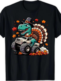 Men's T-Shirt Autumn Leaves With Festive Dinosaur Wearing Pilgrim Hat Driving Monster Truck