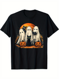 Men's T-Shirt Halloween Pumpkins And Black Cats Among White Ghost Figures