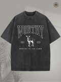 Men's T-Shirt Worthy The Lamb Textured Lettering With Standing Young Goat