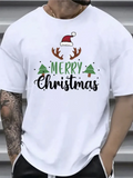 Men's T-Shirt Merry Christmas Santa Hat And Reindeer Antlers With Festive Holiday Trees