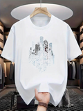 Men's T-Shirt Urban Skyline Reflected Among Abstract Geometric Shapes Cityscape