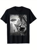 Men's T-Shirt Surreal Forest Landscape With Giant Shocked Cat UFO And Tall Trees