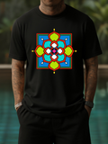 Men's T-Shirt Vivid Geometric Abstract Motif With Bright Colorful Floral Pattern Centerpiece