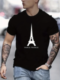 Men's T-Shirt Paris France Bold Monochrome Eiffel Tower Silhouette Under Text