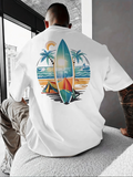 Men's T-Shirt Sunset Beach Tents With Palm Trees And Surfboard Scene