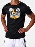 Men's T-Shirt Golden Beach Scene With Crescent Moon Among Palm Trees Skeleton