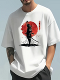 Men's T-Shirt Shadowed Samurai Silhouette Against Crimson Sunburst With Black Grass Samurai