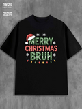 Men's T-Shirt Merry Christmas Bruh Festive Lights With Snowflakes Santa Hat Black Tshirt