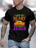 Men's T-Shirt Life Is Scary Without Jesus With Pumpkins Cross And Halloween Motif