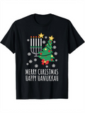 Men's T-Shirt Merry Christmas Happy Hanukkah With Festive Snowflakes Tree Candles And Stars