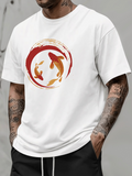 Men's T-Shirt Artistic Red Brushstrokes With Vibrant Swimming Golden Orange Koi Fish