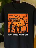 Men's T-Shirt Zombies Eat Brains Spooky Night Scene With Creepy Trees And Flying Bats Zombies