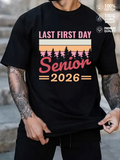 Men's T-Shirt Last First Day Senior 2026 Retro Sunset With Pine Trees And Stripes Graphic Tee