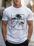 Men's T-Shirt Hand Drawn Beach Scene With Palm Trees And Ocean Hut
