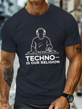 Men's T-Shirt Techno Is Our Religion Line Art DJ With Headphones Mixing Music On Decks