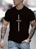 Men's T-Shirt Minimalist Vertical White Stripe With Peace Word Across Chest