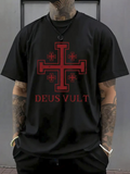 Men's T-Shirt Deus Vult Red Symbolic Cross With Medieval Graphic Elements