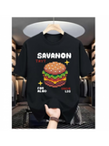 Men's T-Shirt SAVANON Cartoon Multilayered Burger Surrounded By Playful Text Design