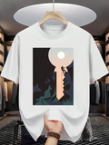 Men's T-Shirt Climber Reaching Toward The Full Moon Over Abstract Mountains Keyhole
