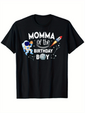 Men's T-Shirt Momma Of The Birthday Boy With Astronaut Rocket And Constellation Moon