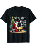 Men's T-Shirt Every Knee Shall Bow Santa Kneeling By Manger Under Christmas Tree