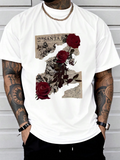 Men's T-Shirt Vintage Newsprint Collage With Deep Red Roses Blooming On White Shirt
