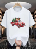 Men's T-Shirt Classic Red Truck With Christmas Trees Under Snowy Sky Truck
