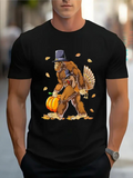 Men's T-Shirt Falling Autumn Leaves And Pumpkin With Pilgrim Hat Sasquatch