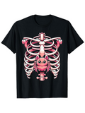 Men's T-Shirt Cute Pink Cartoon Bat Nestled In Playful Ribcage Bones Underneath Shadows Skeleton