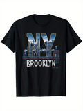 Men's T-Shirt Night Skyline With Illuminated NYC Letters Featuring Brooklyn Bridge And City Buildings