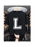 Men's T-Shirt Bold White Letter L On Minimalist Black Cotton T Shirt
